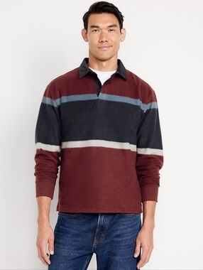 Old Navy Striped Rugby Pullover Fleece Large Red Blue Cozy NWT